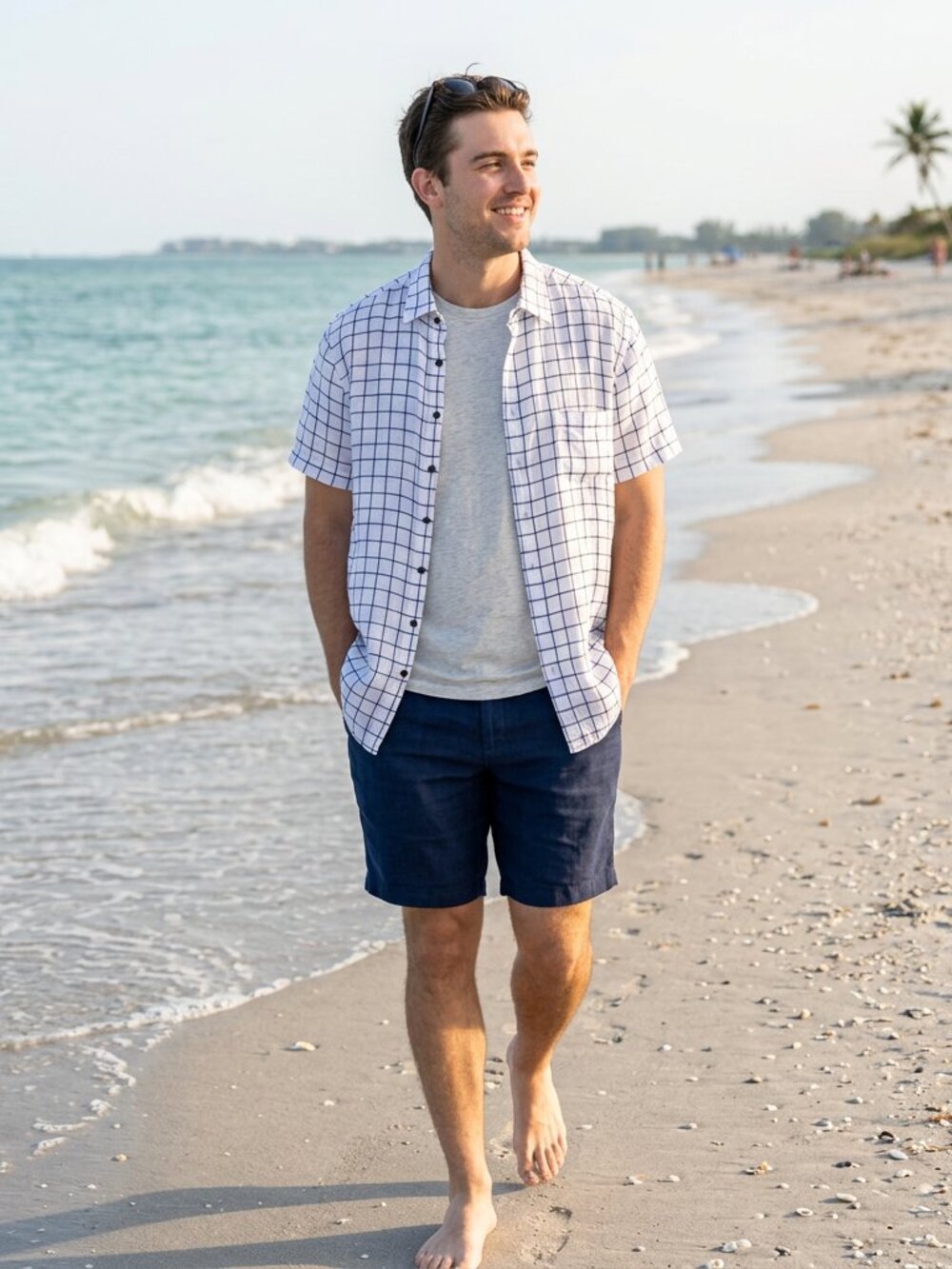 Rodd & Gunn White & Blue Window Pane 100% Linen Short Sleeve Shirt - Size XL